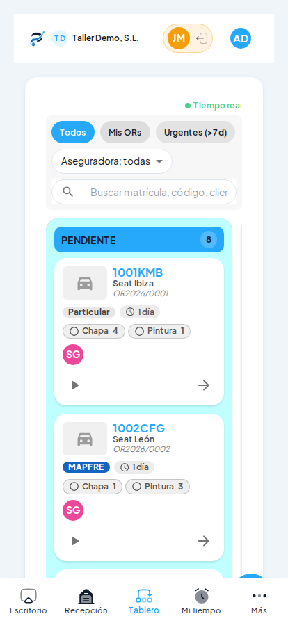 App de operarios con vista kanban en tablet
